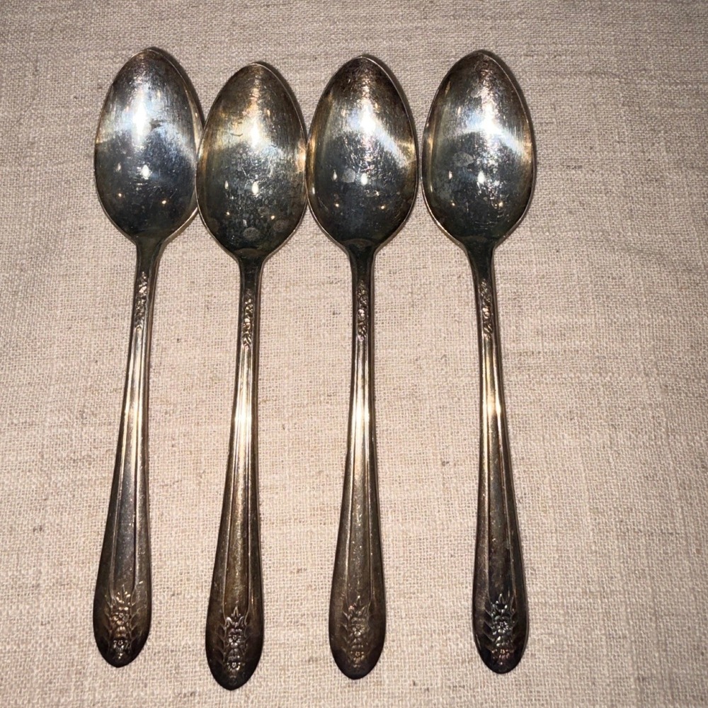 Vintage Belfry Silver Plate Floral Spoons Set of 4 Tarnished Flatware